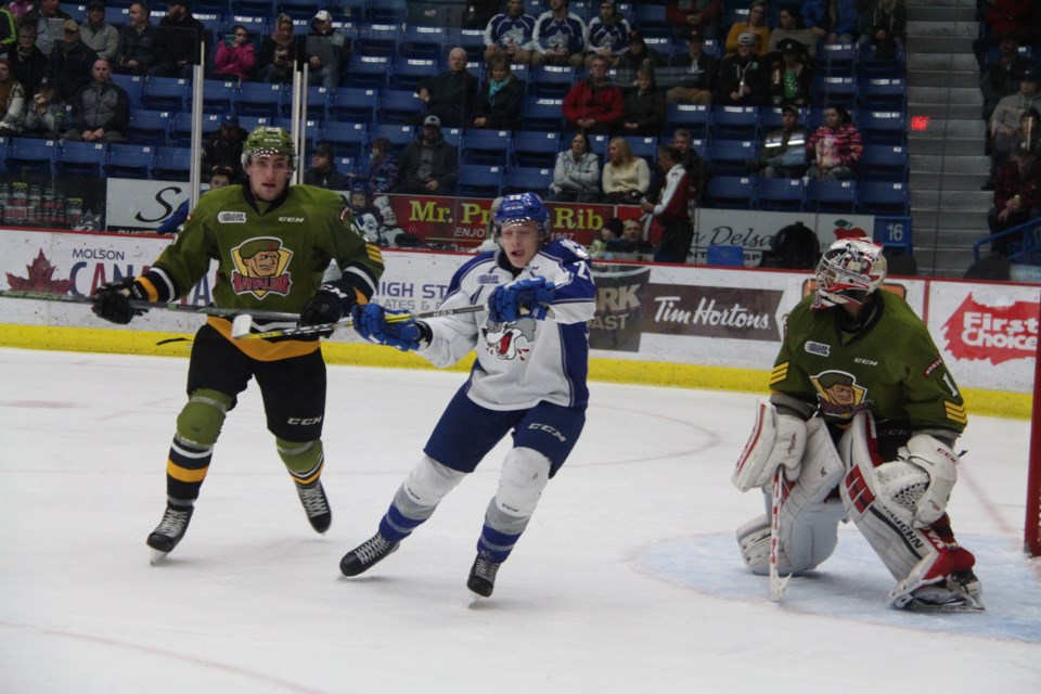 The battle of Northern Ontario didn't disappoint on Friday night as the Wolves and Battalion squared off at the Sudbury Arena. Photo: Matt Durnan