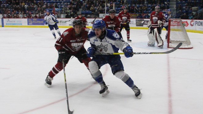 Head coach David Matsos called the last two games 'character builders' for a young Wolves team as Sudbury battled back Friday night at home from a two-goal deficit to force overtime. But a blistering wrist shot by Garrett McFadden gave the Guelph Storm a 4-3 win. Matt Durnan photos.