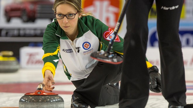Northern Ontario skip Krista McCarville in the 3/4 playoff game at the 2016 Scotties Tournament of Hearts, the Canadian Womens Curling Championships, Grande Praire, Alberta
