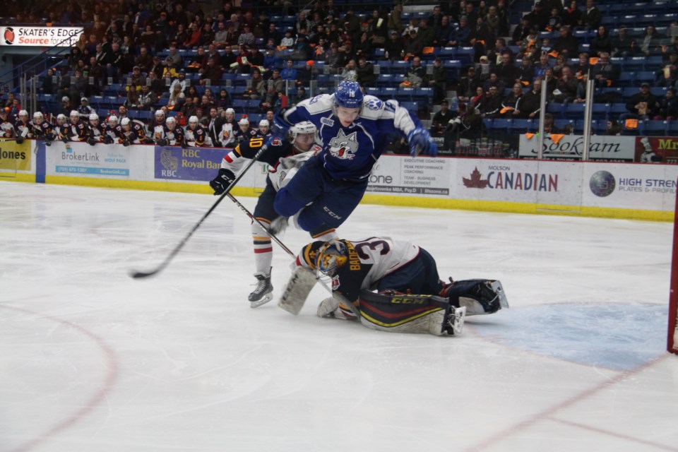 The Sudbury Wolves gave themselves a little breathing room in their quest for a playoff berth, thanks to a 4-2 win over the Barrie Colts on Friday night. Photo: Matt Durnan