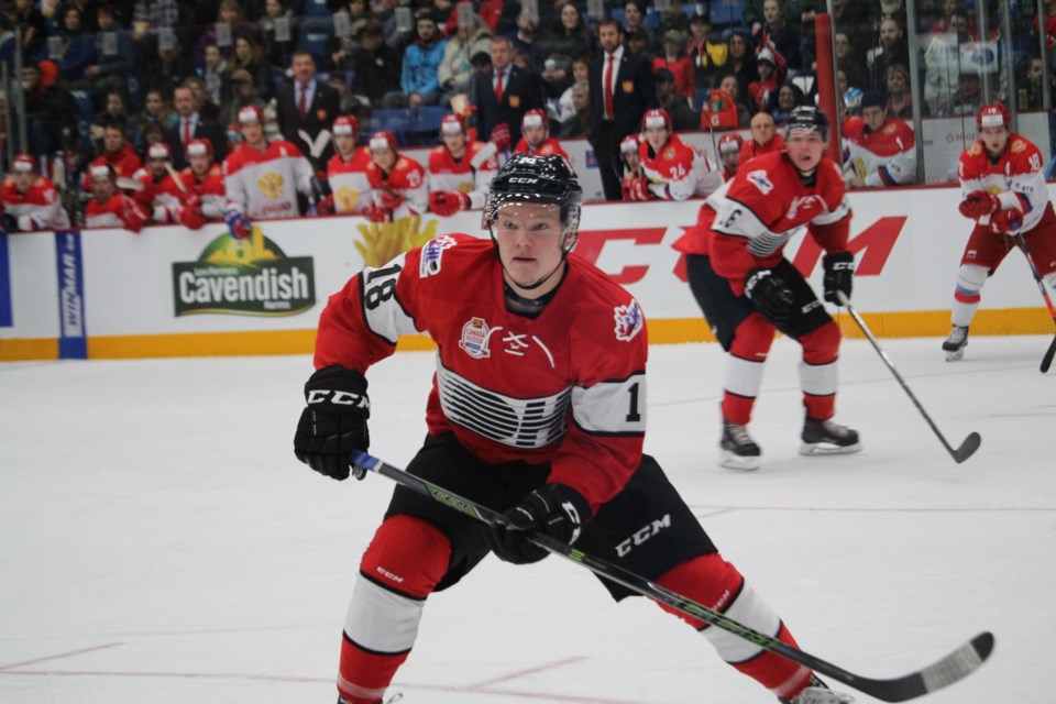 Sudbury Wolves forward Macauley Carson skated for Team OHL in the Canada Russia series on Monday night. (Matt Durnan/Sudbury.com)
