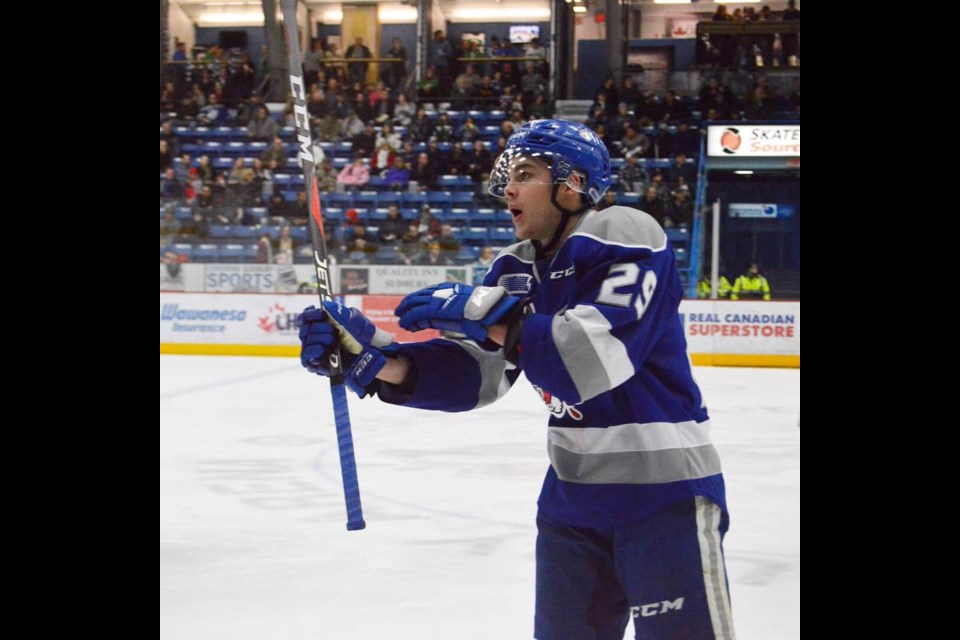 Darian Pilon who opened up scoring at the Sudbury Arena, during the Wolves' 4-1 victory over the Windsor Spitfires (Supplied).