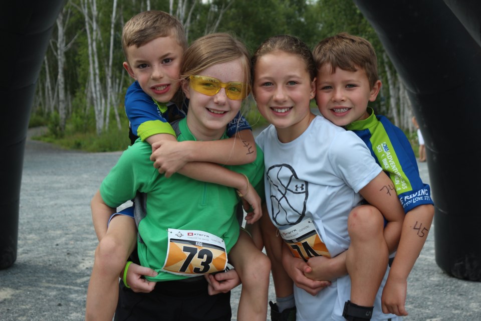 Colton (top left) and Mckenna Mende (bottom left), with Brody (top right) and Hailey Larochelle, at the first XTERRA: Conquer the Crater at Kivi Park. (Keira Ferguson/ Sudbury.com)