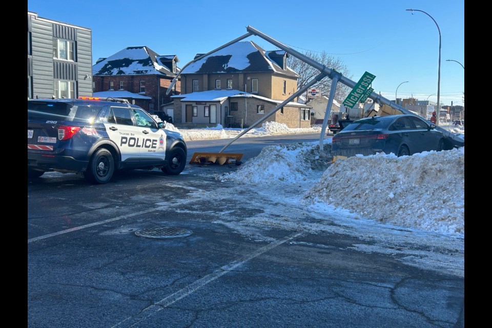 A car collided with a light post on Arthur Street and Vickers Street South on March 3, 2025.