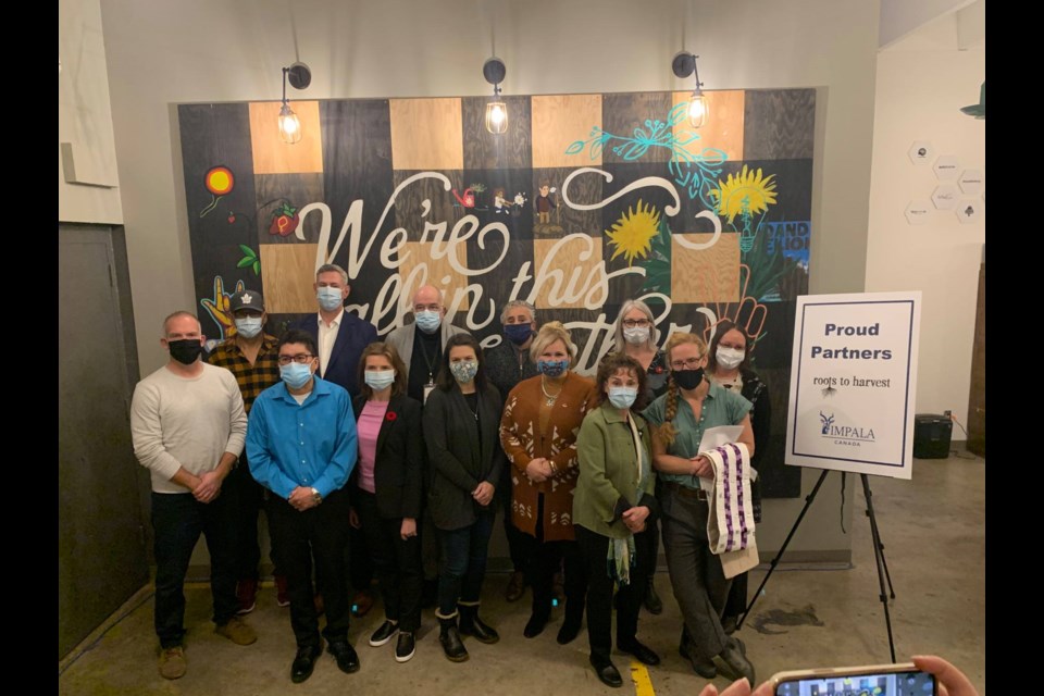 Digniitaries and officials gathered on Nov. 3, 2021 at the announcement of Impala Canada's $375,000 contribution to the Roots to Harvest capital campaign (Facebook/Roots to Harvest)