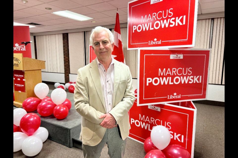 Marcus Powlowski awaits results at the Da Vinci Centre on Monday evening. 