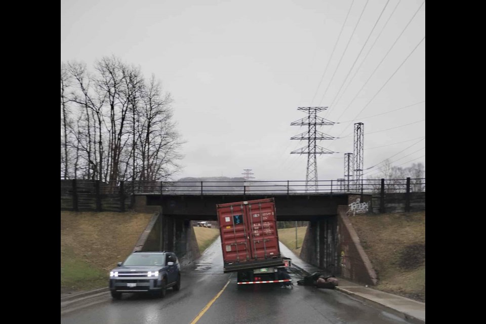 A truck collided with the railway overpass on James Street on Friday morning. 