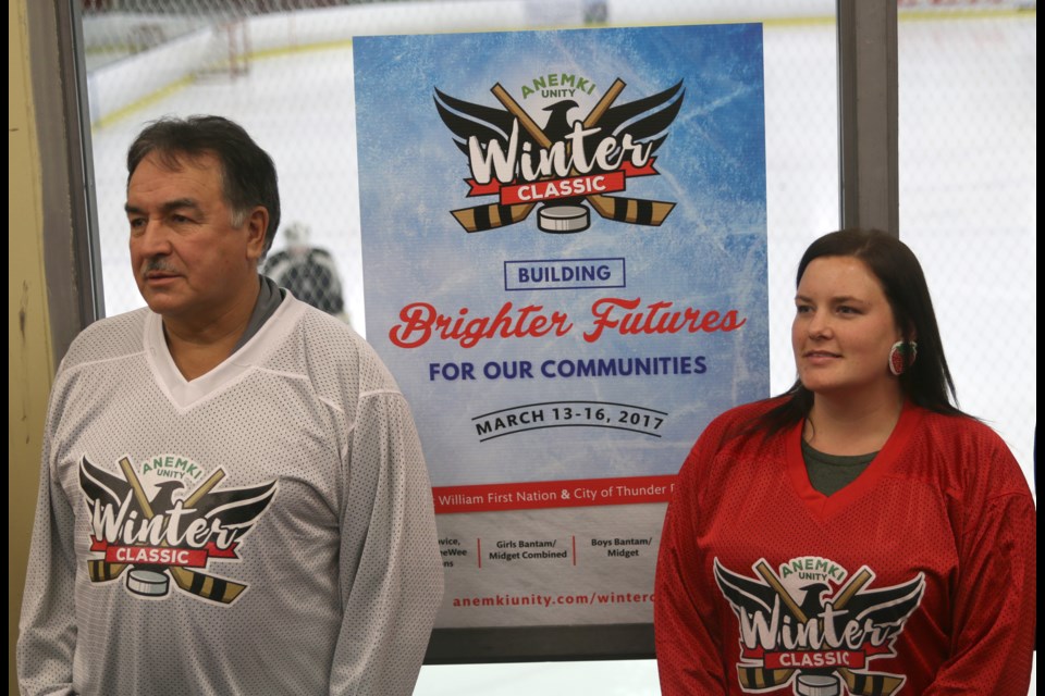 Fort William First Nation chief, Peter Collins and Fort William First Nation culture and recreation coordinator and chair of the Anemki Unity Winter Classic, Bess Legarde. 