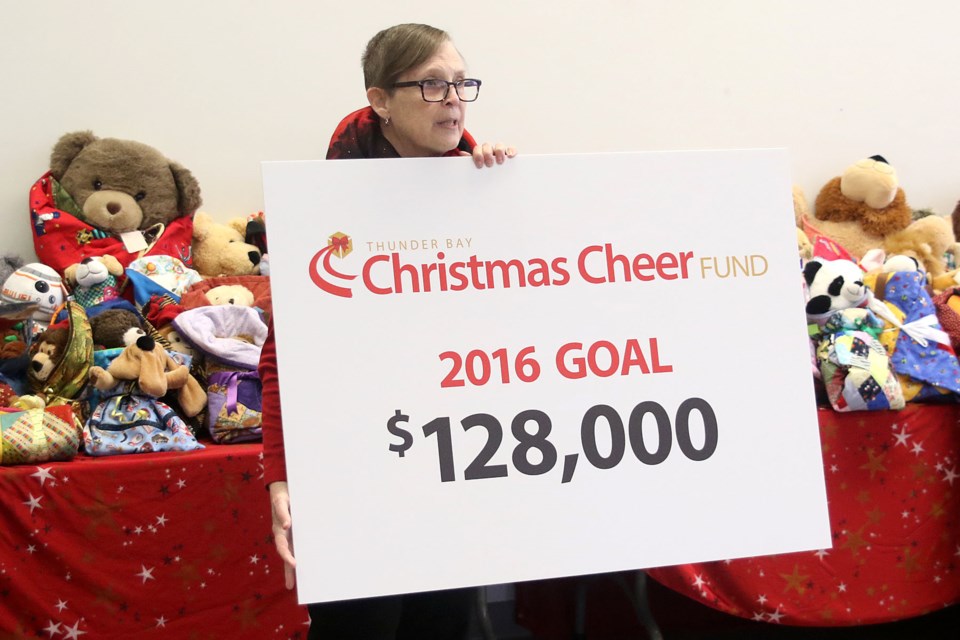 Christmas Cheer co-ordinator Joleene Kemp on Friday, Nov. 25, 2016 reveals the charity's 2016 campaign goal of $128,000, a thousand dollars less than in 2015 (Leith Dunick, tbnewswatch.com). 