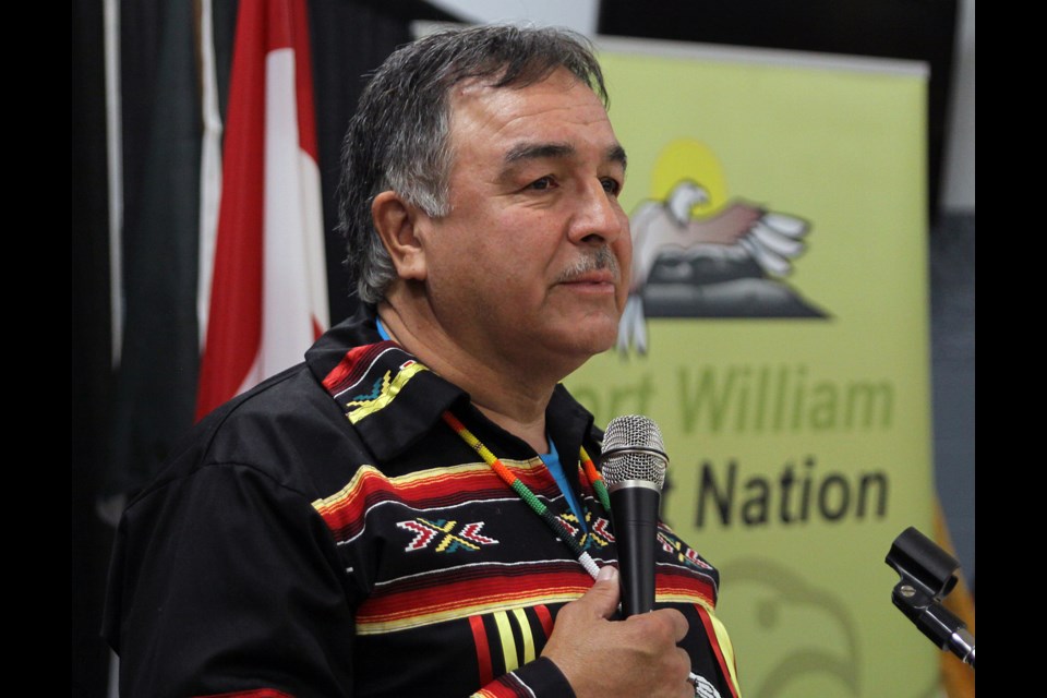 Fort William First Nation Chief Peter Collins speaks at Monday's swearing in ceremony of chief and council. (Matt Vis, tbnewswatch.com)