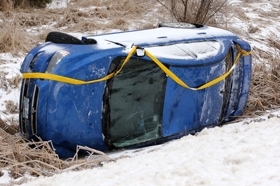 A single-vehicle rollover occured a kilometre north of Red River Road on Highway 11/17 on Wednesday, April 26, 2017 in Thunder Bay (Leith Dunick, tbnewswatch.com). 