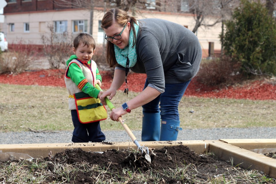 Everyone is getting ready for gardening season. Development officer with Thunder Bay Shelter House, Alexandra Calderon and Jack are busy getting the community garden at Shelter House ready for the season.  
