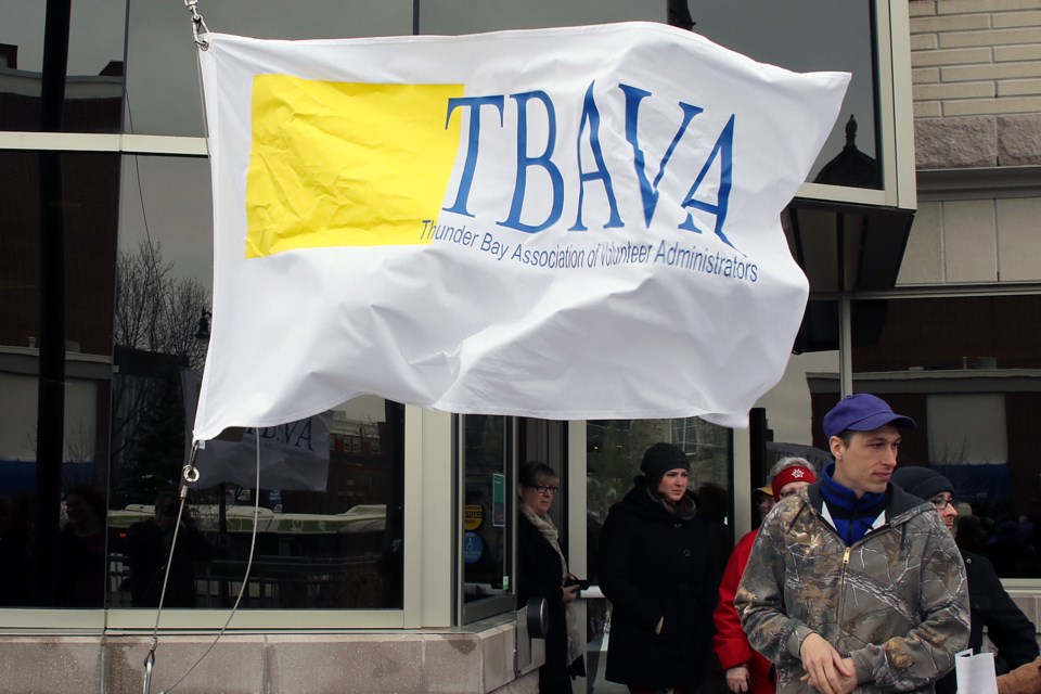 The Thunder Bay Association of Volunteer Administrators on Monday, April 24, 2017 helped raise a flag at city hall to launch Volunteer Week (Leith Dunick, tbnewswatch.com). 