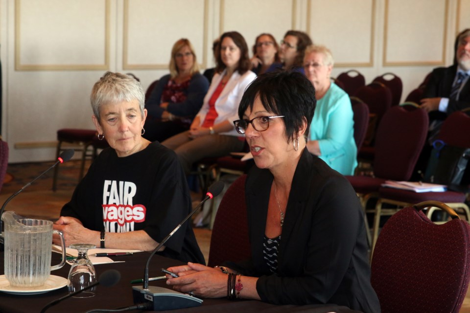 Sara Williamson, a member of Poverty Free Thunder Bay and Angie Lynch, project coordinator with Anishinabek Employment and Training Services, present a deputation during the Standing COmittee on Fair Workplaces and Better Jobs Plan in Thunder Bay. 