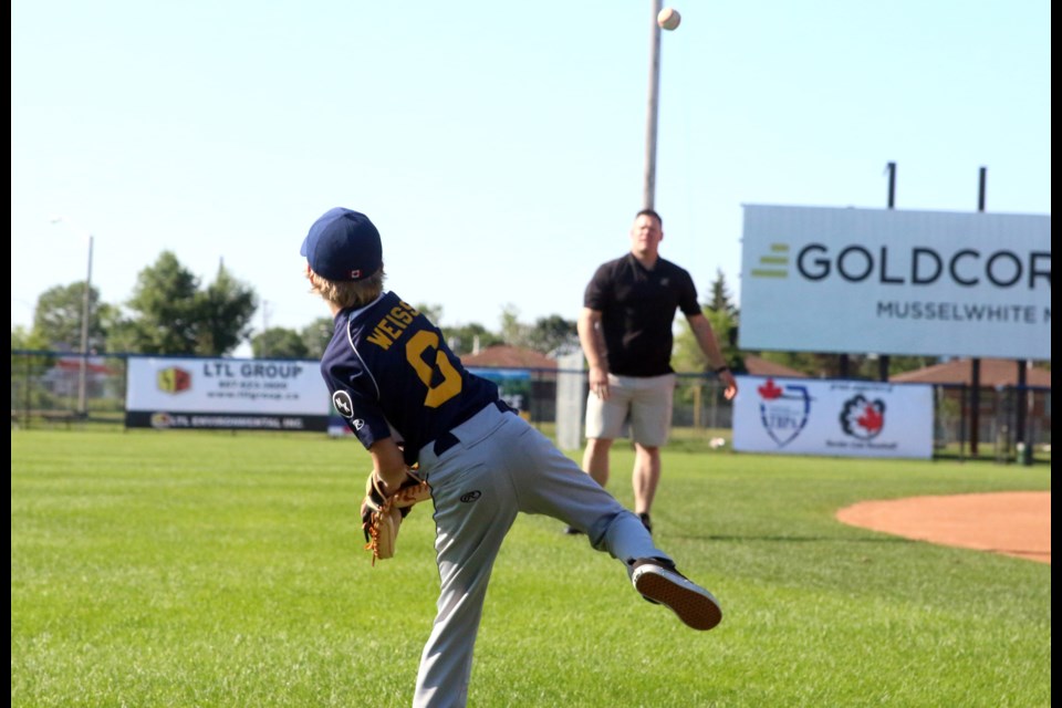 Charile Weiss, 8, throws to Chris Toneguzzi, a former pro baseball player with the Milwaukee Brewers organization who will be participating in the PRO Kids Training with a Pro Baseball Edition. 