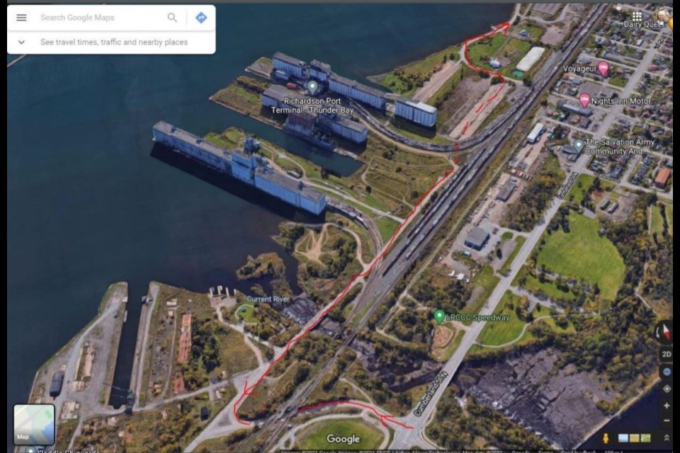 A red line shows part of a potential route from Marina Park north to the Current River (Google maps)