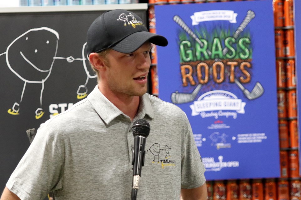 Minnesota Wild forward Eric Staal helps launch Grass Roots, a pre-prohibition lager designed by Sleeping Giant Brewery and inspired by the hockey-playing, sod-farming Thunder Bay Family. The beer, the official brew of the Staal Foundation Open, will see $1 from each can sold donated to the Staal Family Foundation (Leith Dunick, tbnewswatch.com). 