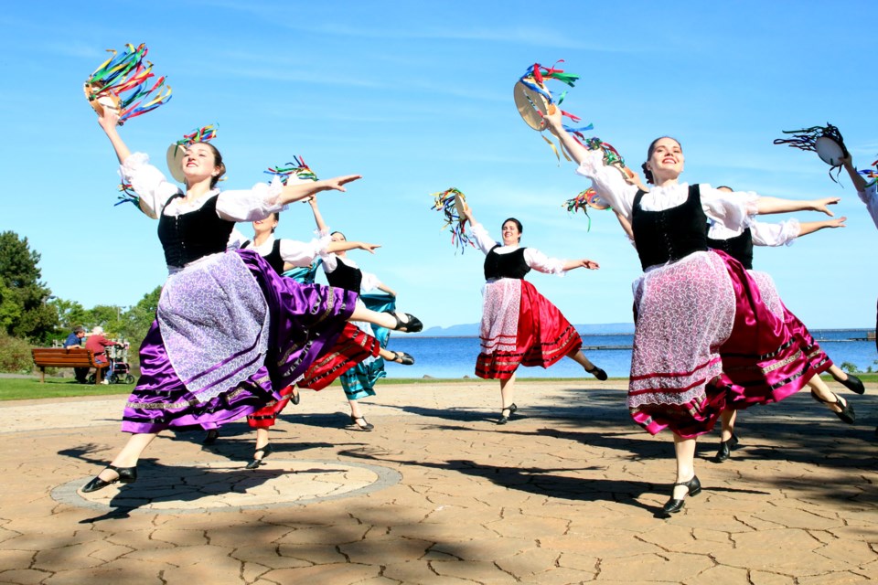 Members of La Stelle Alpine Italian Dancers of Thunder Bay practice at Prince Arthur's Landing. 