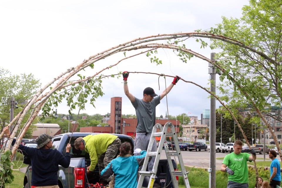 A new teaching lodge takes shape the Prince Arthur's Landing Spirit Garden. It will remain up until July 2, 2017