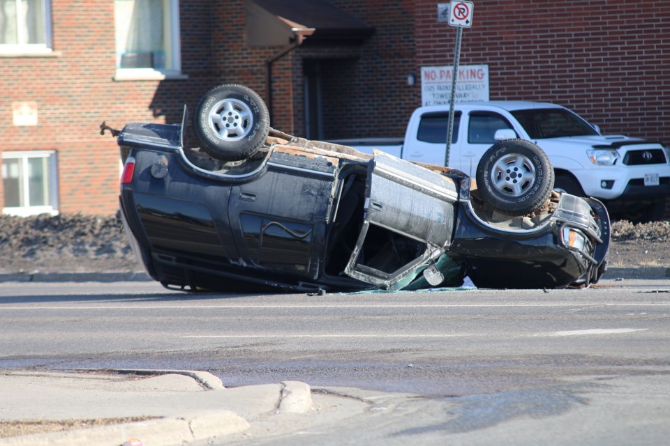 One vehicle was flipped on its side following an collision at the intersection of Arthur Street and James Street. 