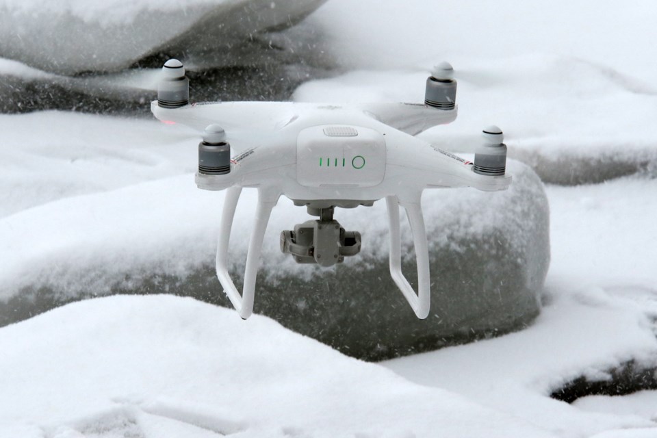 A drone takes off from the ice on Lake Superior on Friday, March 17, 2017 (Leith Dunick, tbnewswatch.com). 