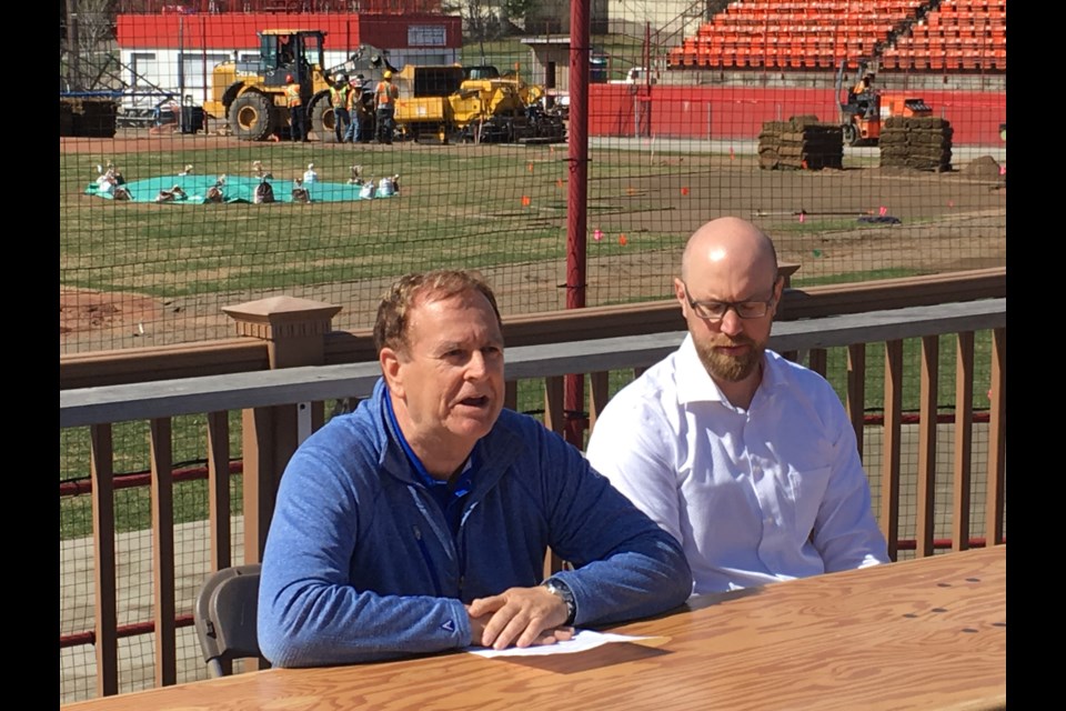 City supervisor of golf and cemeteries Tom Forsythe (left) and Border Cats general manager Dan Grant at a news conference on Friday, May 19, 2015 at Port Arthur Stadium (Leith Dunick, tbnewswatch.com). 