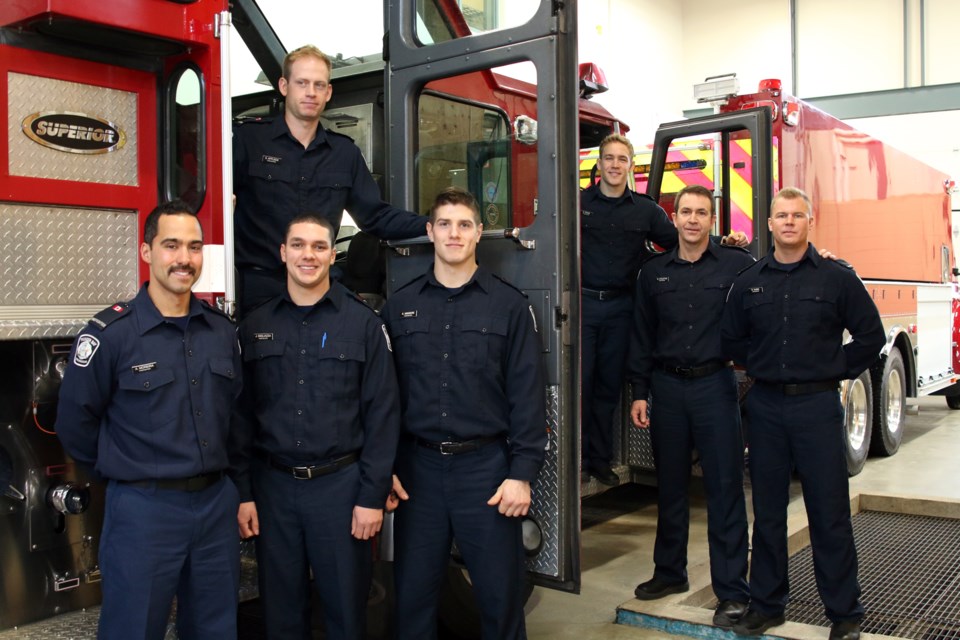 From left to right: Adam Moreira, James Migliazza, Sean Affleck (top), Kevin Missere, David Rohr, Greg Stiletto, and Rob Hubie are the newest firefighters recruited to serve with Thunder Bay Fire Rescue. 