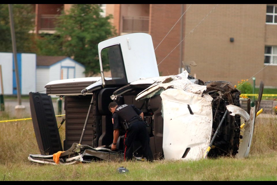 Thunder Bay Police remain on the scene of a motor vehicle collision on Balmoral Street. (Photos by Doug Diaczuk - Tbnewswatch.com). 