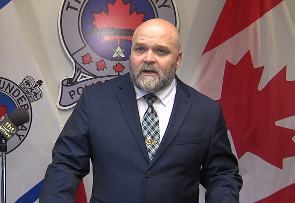 Inspector Jeremy Pearson outlined the Thunder Bay Police Service's appeal for video from the Red River Road/Algoma St./Pearl St. area on Tuesday. (Jessah Clement/TBTV photo) 