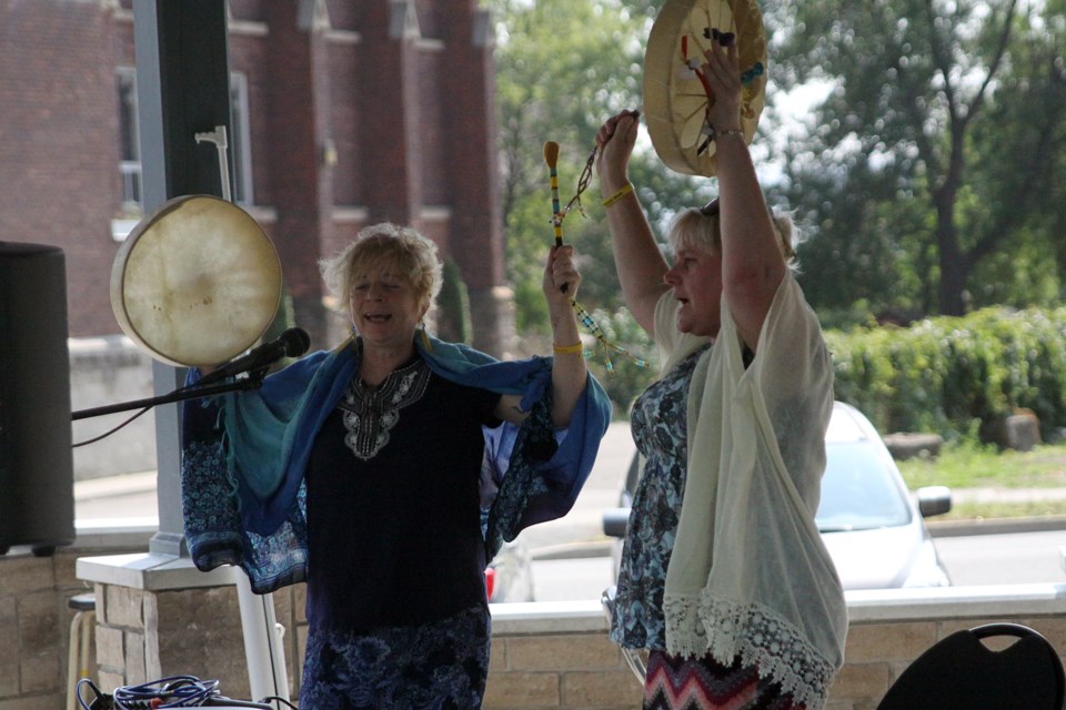 A women's hand drum performs during the first annual memorial concert for missing and murdered Indigenous women in Thunder Bay at the Waverley Park pavilion on Thursday, August 23, 2018. (Matt Vis, tbnewswatch.com)