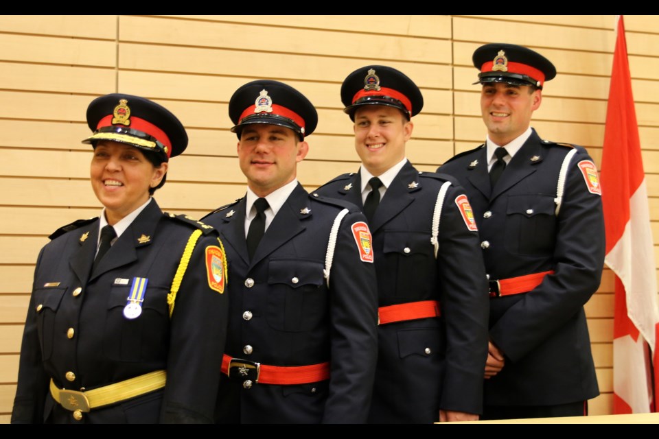 From left to right: Thunder Bay Police Service acting chief, Sylvie Hauth along with newly sworn in constables Jason Bresele, Brandon Fennell, and David Moore. (Photos by Doug Diaczuk - Tbnewswatch.com). 