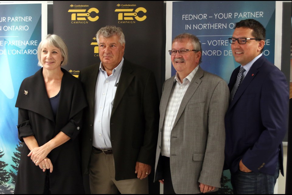 MP Patty Hajdu, TEC campaign chair, Emilio Riguto, Confederation College president, Jim Madder, and MP Don Rusnak, announced $1 million FedNor investment to help equip the College's new TEC Hub facility. (Photo by Doug Diaczuk - Tbnewswatch.com). 