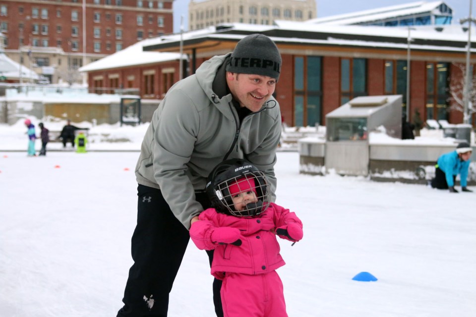 Ryan Caron and 18 month old daughter Maisyn strapped on the stakes during Winter Fun Days at Prince Arthur's Landing. (Photos by Doug Diaczuk - Tbnewswatch.com). 