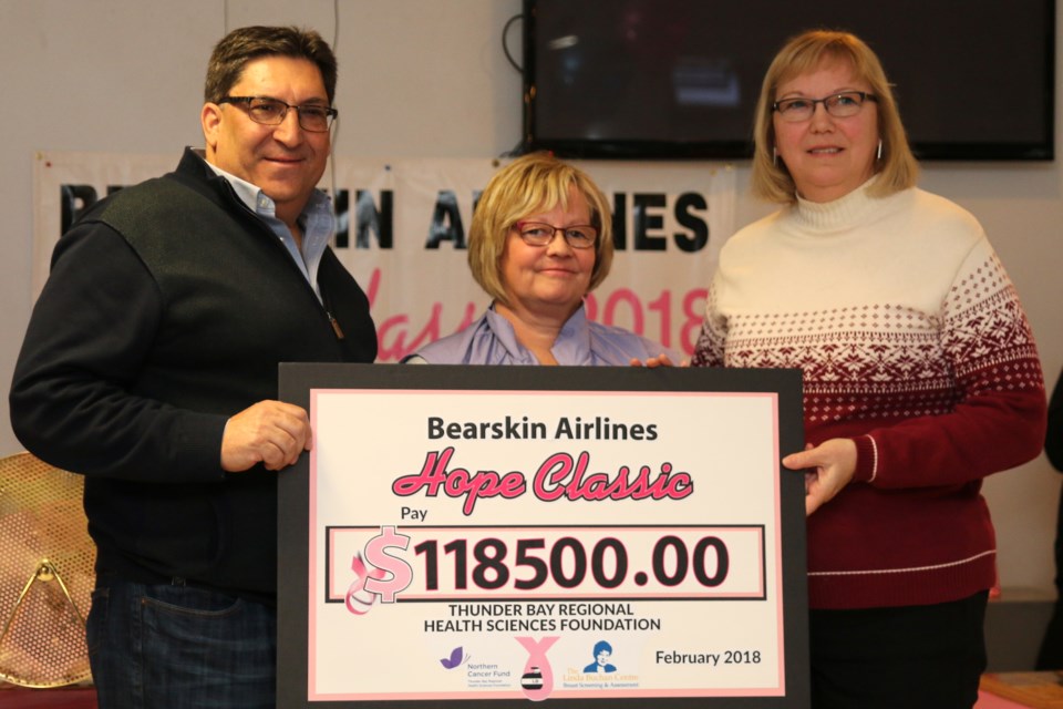 Susan Childs of the Bearskin Airlines Hope Classic (centre), and Ron Hell, director of marketing and Sales with Bearkskin Airlines (left), and Jody Nesti, chair of the Thunder Bay Regional Health Sciences Foundation board (right) announce the total raised during this the 22nd Hope Classic, bringing the total raised in the last 22 years to more than $3.1 million.