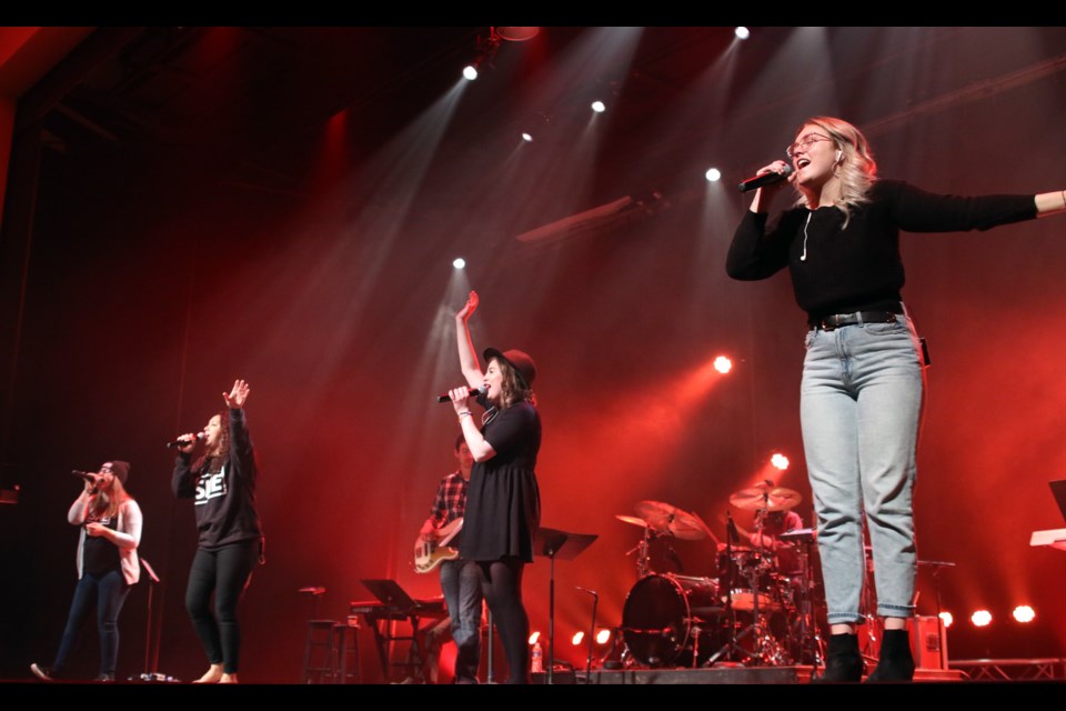 From left to right: Adrienne Hochstetler, Andrea Pilon, Steph McGown, and Jayden Gleeson perform during the first SHE Conference hosted by Redwood Park Church. (Photos by Doug Diaczuk - Tbnewswatch.com). 