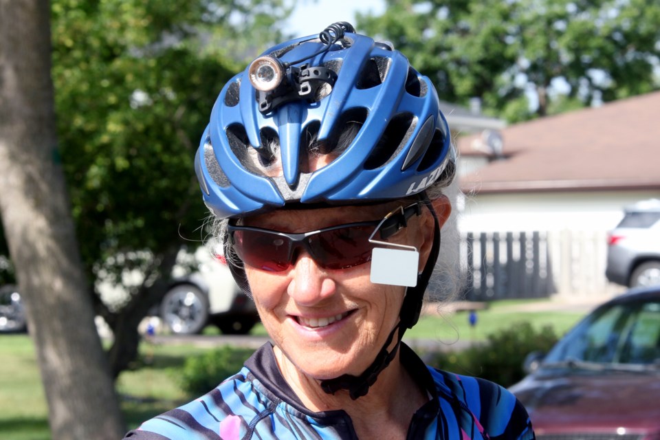 American Lynn Salvo already holds the Guiness Book of World Records mark for oldest woman to cycle across the United States and is attempting at 68 to set the Canadian mark in 2018. She arrived in Thunder Bay on Sunday, July 22, 2018. (Leith Dunick, tbnewswatch.com)