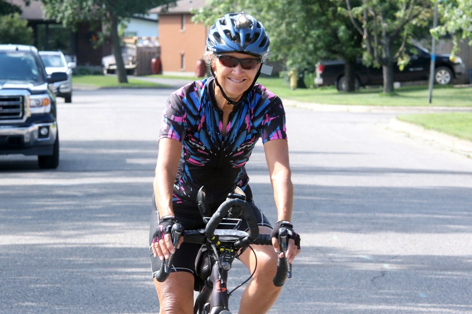American Lynn Salvo already holds the Guiness Book of World Records mark for oldest woman to cycle across the United States and is attempting at 68 to set the Canadian mark in 2018. She arrived in Thunder Bay on Sunday, July 22, 2018. (Leith Dunick, tbnewswatch.com)