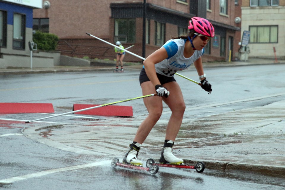 Annika Richardson, the top female finisher during the 2nd Annual Canada Day Rollerski Invitational, rounds a corner at top speed during the team relay race on Sunday. (Photos by Doug Diaczuk - Tbnewswatch.com). 