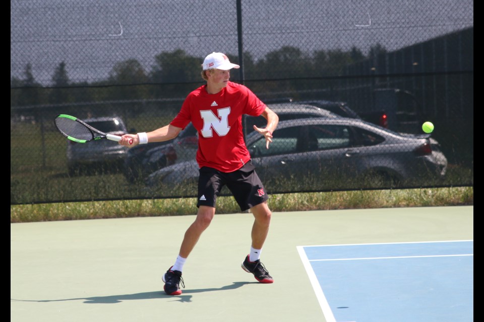 Toby Boyer gets set to hit a return ball to his brother during the men's single final on Sunday during the Mascarin Collision Mid Canada Open. (Photos by Doug Diaczuk - Tbnewswatch.com). 