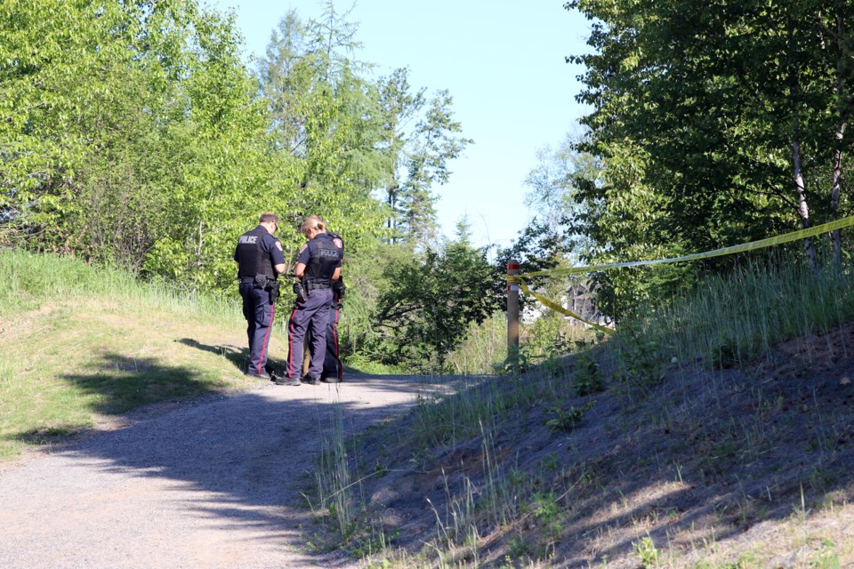 Thunder Bay Police are on the scene after a possible body was discovered in a wooded area behind the Regional Health Sciences Centre. (Photos by Doug Diaczuk - Tbnewswatch.com). 