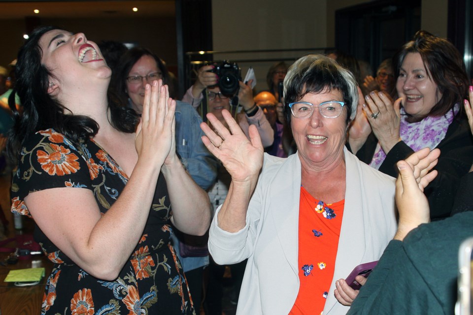 New Democrat Judith Monteith-Farrell celebrates with supporters after winning the Thunder Bay-Atikokan riding on Thursday, June 7, 2018. (Matt Vis, tbnewswatch.com)