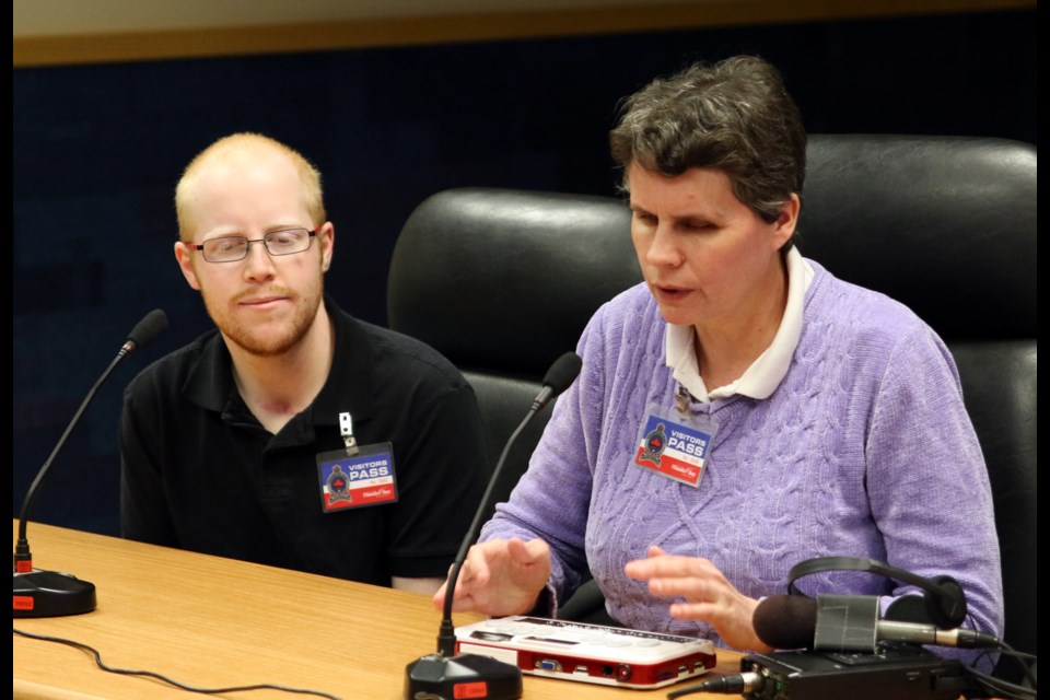 Tessa Soderberg and Kai Crites, members of the Accessibility Advisory Committee, present their concerns to the Thunder Bay Police Services Board. 