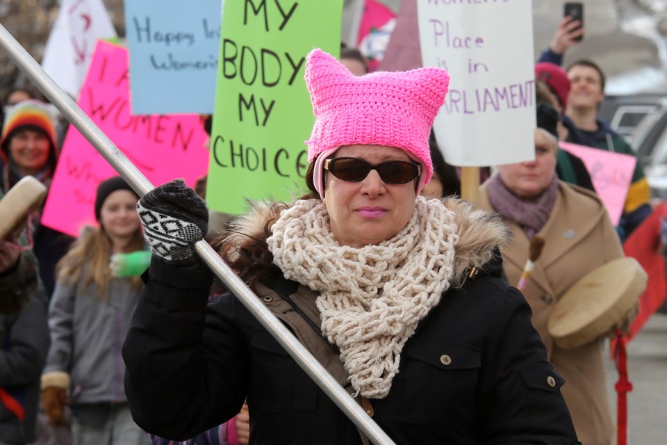 Dozens of women marched through Thunder Bay's downtown north core on Thursday, March 8, 2018, taking part in the Solidarity March on International Women's Day. (Leith Dunick, tbnewswatch.com)