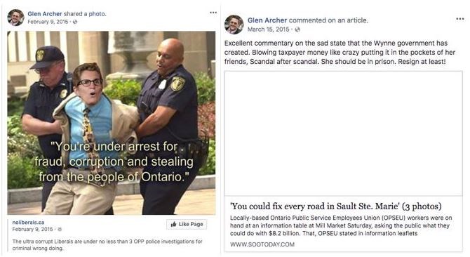 A March 2015 Facebook post from Kenora-Rainy River NDP hopeful Glen Archer suggested Premier Kathleen Wynne should be put in prison. 