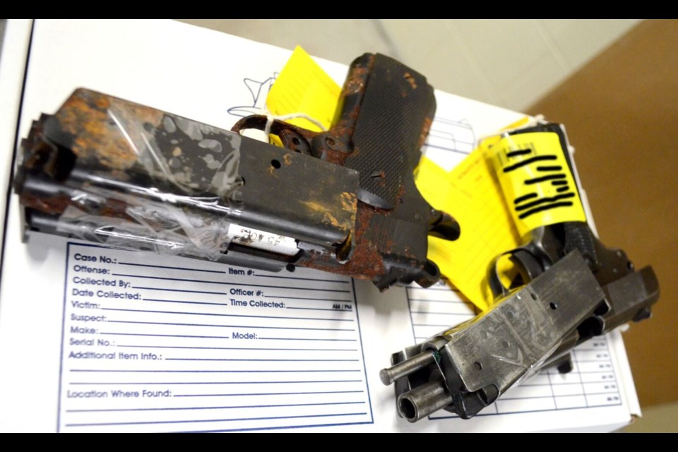 These handguns were turned into Thunder Bay police in April 2018 during gun amnesty month. (Police handout)