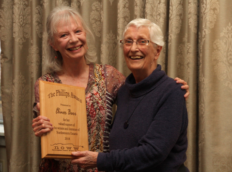 Elinor Barr accepts the Philips Award from Susan Rogers during the Write NOWW LitFest Awards Gala on Saturday. (Photo courtesy of NOWW)