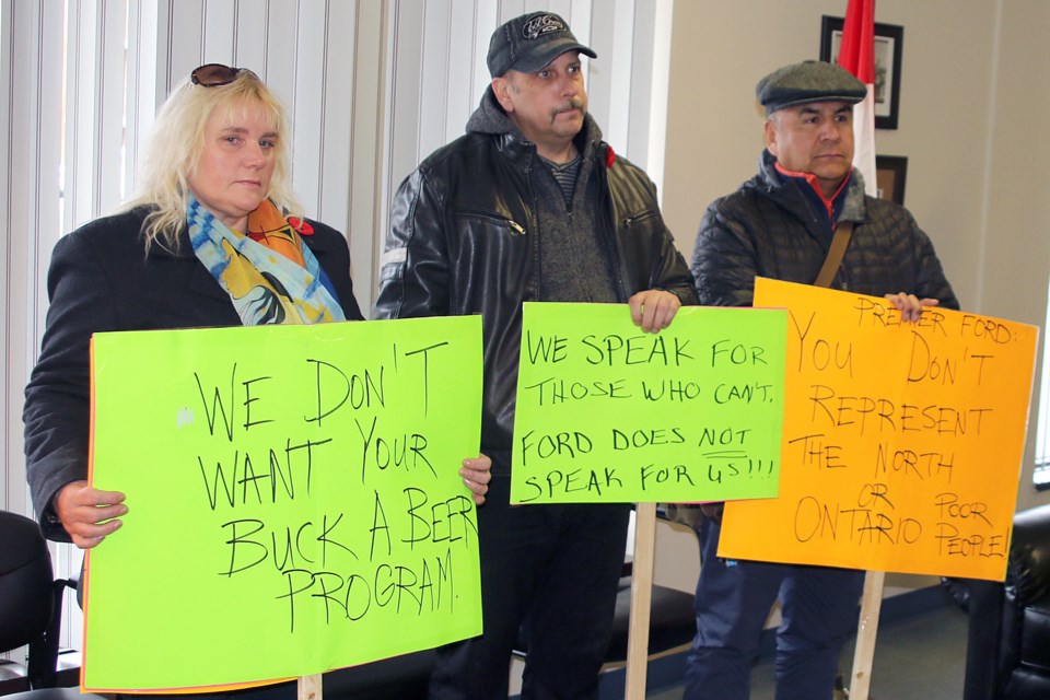 Basic income pilot project advocates Tracey MacKinnon (left) and Trevor Anderson (centre) were among those who met with MPP Patty Hajdu at her constituency office on Friday, Nov. 2, 2018. (Leith Dunick, tbnewswatch.com/FILE)