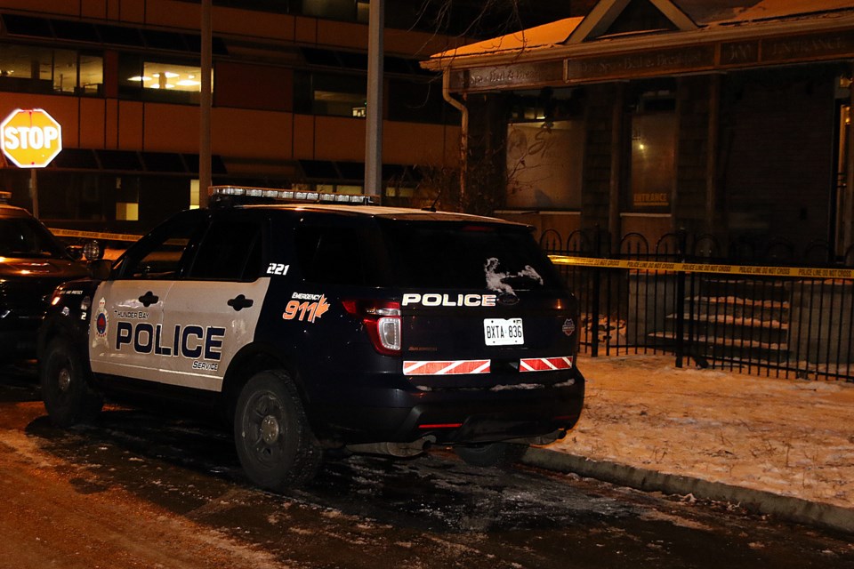 Police on Monday, Nov. 12, 2018 investigate an incident at a Brodie Steet residence. (Leith Dunick, tbnewswatch.com)