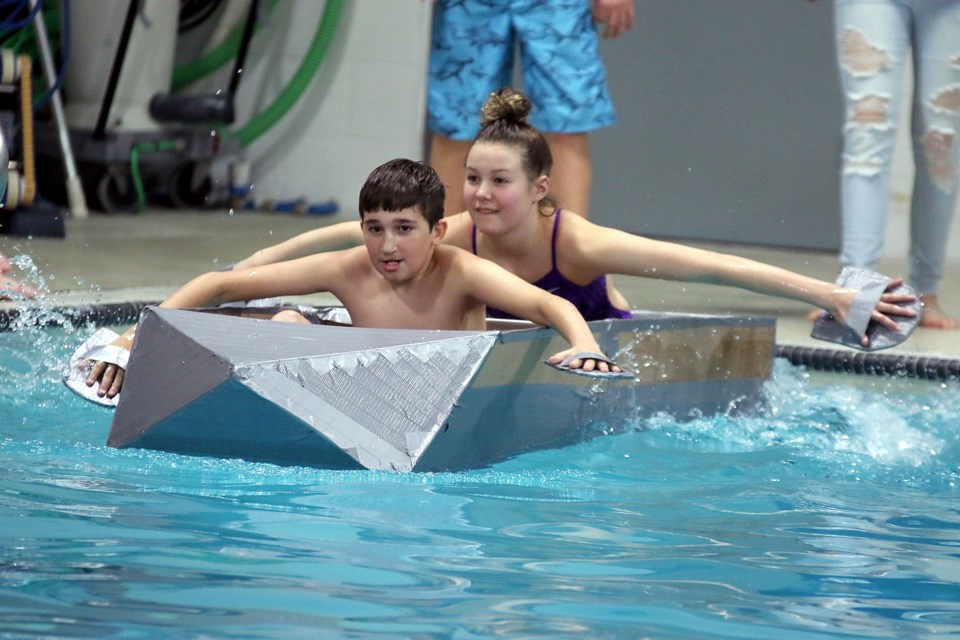 Grade 7 and 8 students at Lakehead Public Schools took part in the board's annual cardboard boat competition at Churchill Community Pool on Friday, Nov. 9, 2018. (Leith Dunick, tbnewswatch.com)