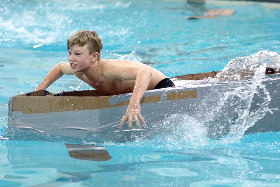 Grade 7 and 8 students at Lakehead Public Schools took part in the board's annual cardboard boat competition at Churchill Community Pool on Friday, Nov. 9, 2018. (Leith Dunick, tbnewswatch.com)